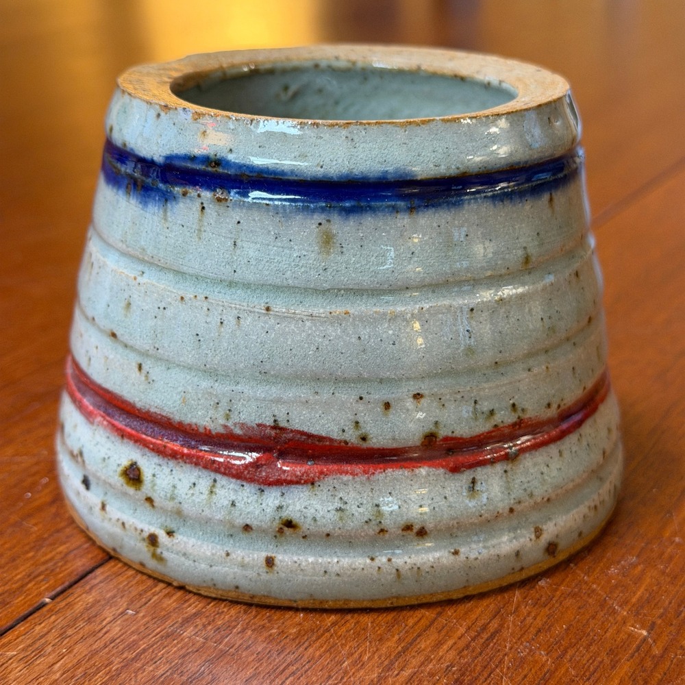 Studio Pottery Ribbed Stoneware Vessel Signed Speckled Glaze Heavy Earthy Rustic